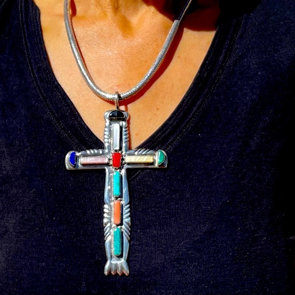 Vintage Lupe Iule Sterling & Multi-stone Cross Pendant✨Stunning & Rare✨ - Picture 2 of 8